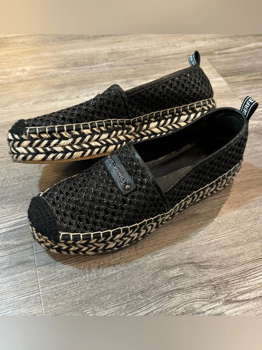 Karl Lagerfeld Paris Black Crochet Espadrille Flats Women’s Size 7.5